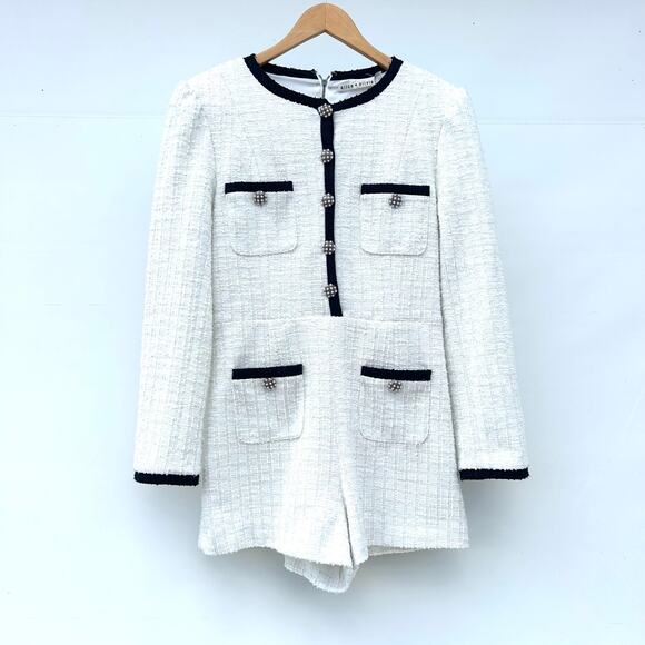 Alice + Olivia Shiloh Romper Long Sleeve White Black Metallic Festive Tweed 10 - Picture 3 of 11